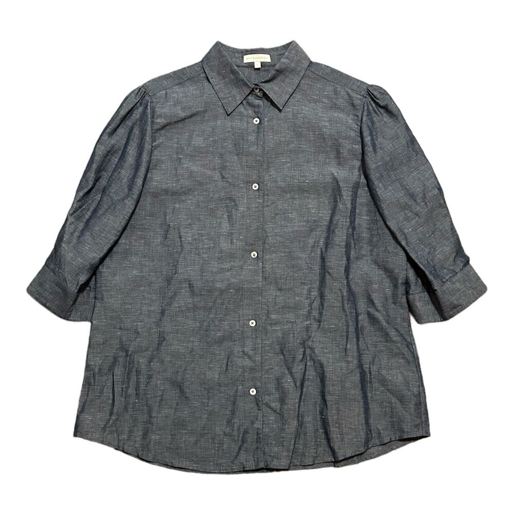 Ann Mashburn Linen Cotton Button Blouse Women Large Blue Gray Casual